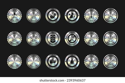 Cosmetics and Medical icon. Organic natural products alcohol, fragrance, chemical, and silicone free icons for packaging. Round stamps and badges vector set.