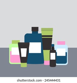 Cosmetics and Medicine Bottles. Vector Illustration in Flat Style.
