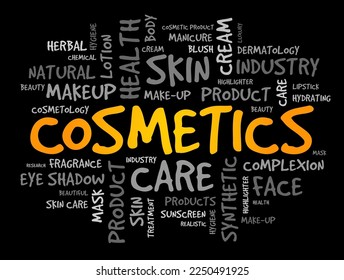 Cosmetics - mixtures of chemical compounds derived from either natural sources, or synthetically created ones, text concept background