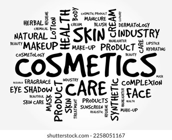 Cosmetics - mixtures of chemical compounds derived from either natural sources, or synthetically created ones, text concept background