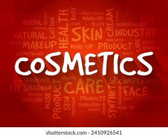 Cosmetics - mixtures of chemical compounds derived from either natural sources, or synthetically created ones, text concept background