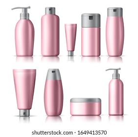 Cosmetics mock up bottles vector set. Set of empty realistic package for cosmetic product in pink elegant container isolated in white background. Vector illustration 