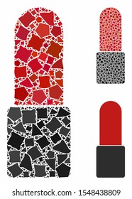 Cosmetics mosaic of rough elements in variable sizes and color hues, based on cosmetics icon. Vector rough items are grouped into collage. Cosmetics icons collage with dotted pattern.