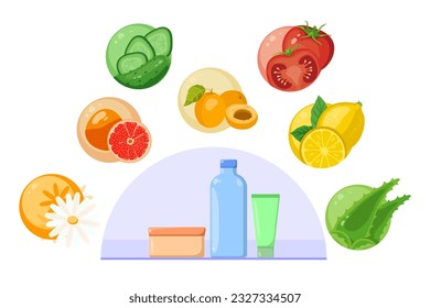 Cosmetics from natural ingredients vector illustrations set. Collection of cartoon drawings of fruit and vegetables as ingredients for makeup. Cosmetology, healthcare, skincare concept