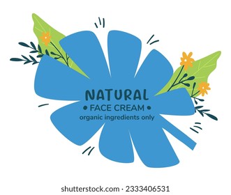 Cosmetics with natural and organic ingredients, face cream for skin moisturizing and rejuvenating. Blooming flower and blossom with leaves and branches. Blossom and beauty. Vector in flat style