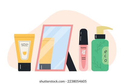 Cosmetics near mirror. Skin care and health, beauty and hygiene. Advertising poster or banner for website. Promotion of goods on Internet. Aesthetics and elegance. Cartoon flat vector illustration