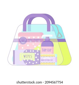 Cosmetics for newborn. Maternity bag with cosmetics for mom and baby. Packing a hospital bag.