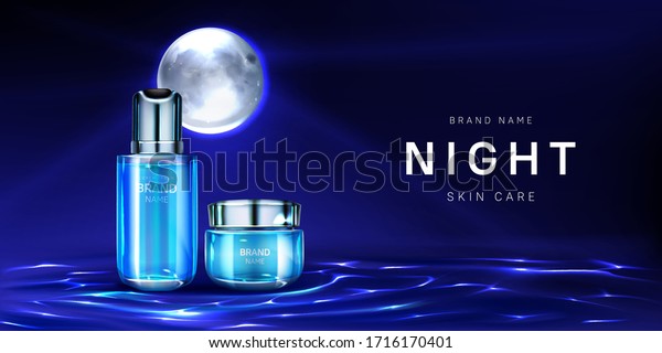 Cosmetics for night skin care banner. Pump bottle\
and cream jar on water surface under full moon light. Beauty\
product packages, moisturize lotion tubes, natural cosmetic ad\
Realistic 3d vector\
poster