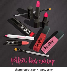 Cosmetics nude makeup set. Powder, contour kit, concealer, blush, strobing palette, brushes, handwritten lettering. Concept for beauty salon, visage and makeup. Vector items on dark background.