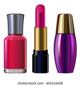 Cosmetics objects set. Nail polish, lipstick