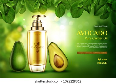Cosmetics oil avocado. Organic product bottle with pomp mockup on green blurred background with tree leaves. Natural eco skin care cosmetic, advertising promo template. Realistic 3d vector ad banner