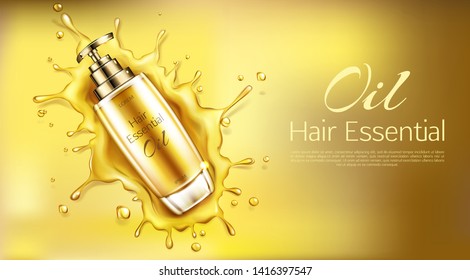 Cosmetics Oil For Hair Essential Product Bottle With Pomp Mockup On Gold Background With Liquid Droplets Splash. Beauty Cosmetic Advertising Promo Template For Magazine. Realistic 3d Vector Ad Banner