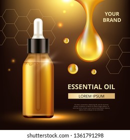 Cosmetics oil poster. Golden transparent drops of oil extract for woman cream or liquid cosmetic q10 collagen vector template