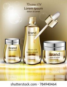 Cosmetics oil set collection Vector realistic. Products packaging mock up organic natural essence