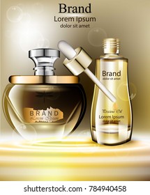 Cosmetics oil set Vector realistic. Products packaging mock up organic natural essence