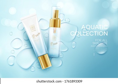 Cosmetics on a background with water drops. Moisturizing Face Cream Design Template. Vector illustration EPS10