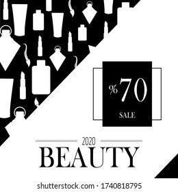 Cosmetics on black and white background. 70% advertising poster design for beauty store, blog, Magazine, offers and promotion. Vector illustration.