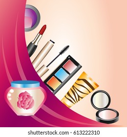 cosmetics on a pink background: mascara, lipstick, eyeshadow, mirror, perfume