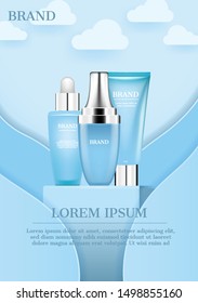 Cosmetics on stand with sky background