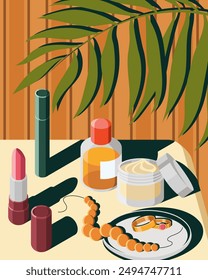 Cosmetics are on the table. Lipstick, cream, perfume, mascara, jewelry. Color vector illustration.