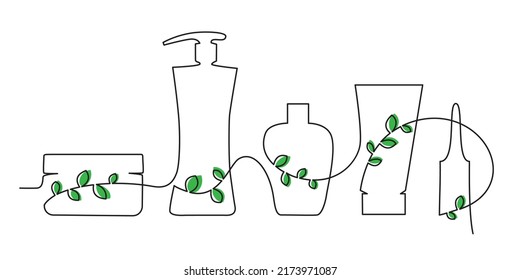 Cosmetics in one line with green leaves. Including icons such as ampoules, bottles for cream, lotion, serum, shampoo. Outlined thin vector drawing. Natural cosmetics.