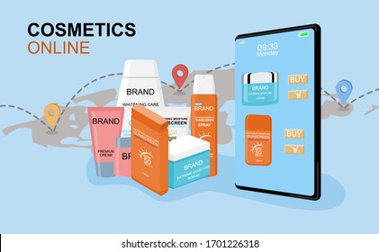 Cosmetics online concept for flat design, online trading for web page, website, template and background, vector illustration about shopping online