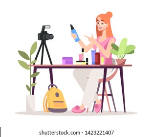 Cosmetics online review flat vector illustration. Fashion, beauty blogger, vlogger isolated cartoon character on white background. Makeup, skincare products video review. Influencer marketing concept