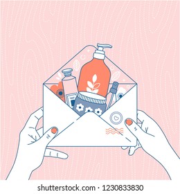 Cosmetics online shop order. Package with different cosmetics. Envelope in woman hands. Vector illustration