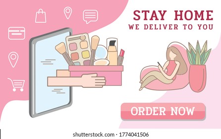 Cosmetics online shop order. Online store delivery.Shopping Online on Website or Mobile Application. Vector Concept Marketing and Digital marketing.New Normal lifestyle.Stay home, we deliver.