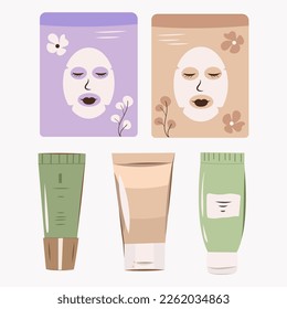 cosmetics, organic, skincare, natural, set, flat, skin, illustration, woman, routine, doodle, vector, icon, hand, bottles, products, collection, cosmetology, cosmetic, face, female, herbal, tube, bott