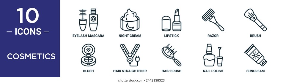 cosmetics outline icon set includes thin line eyelash mascara, night cream, lipstick, razor, brush, blush, hair straightener icons for report, presentation, diagram, web design