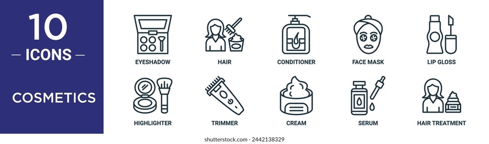 Kosmetik Outline Icon Set umfasst dünne Linie Lidschatten, Haar, Conditioner, Gesichtsmaske, Lipgloss, Highlighter, Trimmer Icons für Bericht, Präsentation, Diagramm, Web-Design