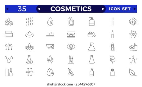 Ícones Cosméticos definidos. Creme de umidade, ácido, soro antirrugas, ceramida, colágeno, composto de retinol, protetor solar ilustração vetorial. Sinais de estrutura de tópicos para propriedade de produtos de cuidados com a pele. 
