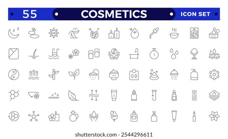 Ícones Cosméticos definidos. Creme de umidade, ácido, soro antirrugas, ceramida, colágeno, composto de retinol, protetor solar ilustração vetorial. Sinais de estrutura de tópicos para propriedade de produtos de cuidados com a pele. 
