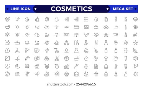 Ícones Cosméticos definidos. Creme de umidade, ácido, soro antirrugas, ceramida, colágeno, composto de retinol, protetor solar ilustração vetorial. Sinais de estrutura de tópicos para propriedade de produtos de cuidados com a pele. 
