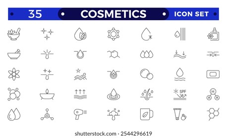 Ícones Cosméticos definidos. Creme de umidade, ácido, soro antirrugas, ceramida, colágeno, composto de retinol, protetor solar ilustração vetorial. Sinais de estrutura de tópicos para propriedade de produtos de cuidados com a pele. 
