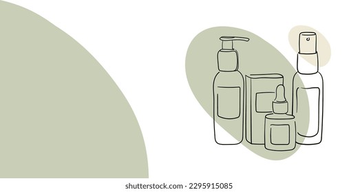 Cosmetics outline with yellow shape. Face makeup continuous one line drawing. Decorative beauty product cosmetics on green background