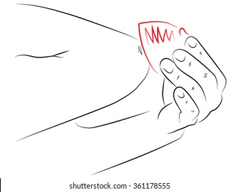Cosmetics own hands, hands holding the elbow, person applies to elbow half a lemon. Black - and white illustration on the theme of health, skin care cubits.
