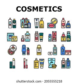 Cosmetics Package Beauty Product Icons Set Vector. Facial Toner And Lotion Package, Soap And Hand Cleanser Tube, Nail Polish And Remover Bottle, Bath Salt And Wax Container Line. Color Illustrations