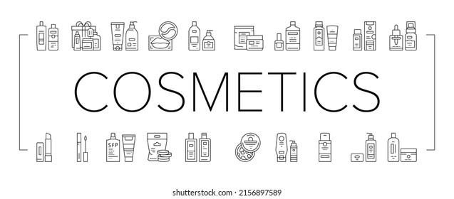 Cosmetics Package Beauty Product Icons Set Vector. Facial Toner And Lotion Package, Soap And Hand Cleanser Tube, Nail Polish And Remover Bottle, Bath Salt And Wax Container Black Contour Illustrations