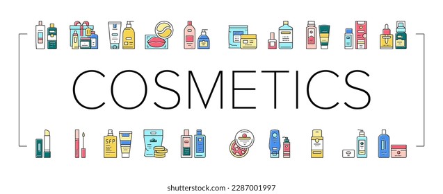 Cosmetics Package Beauty Product Icons Set Vector. Facial Toner And Lotion Package, Soap And Hand Cleanser Tube, Nail Polish And Remover Bottle, Bath Salt And Wax Container Line. Color Illustrations