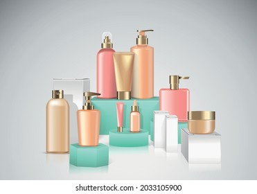 Cosmetics package with boxes realistic composition with colorful plastic containers and paper product boxes vector illustration