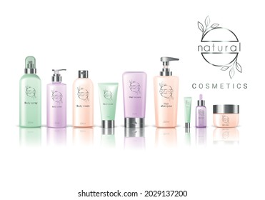 Cosmetics package colored realistic composition with set of plastic bottles with logo and text vector illustration