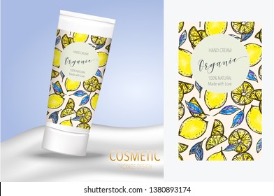 Cosmetics Package Design with Hand Drawn Fresh Lemons. Citrus Organic Product Label Template. Lemon Sticker for Sale.