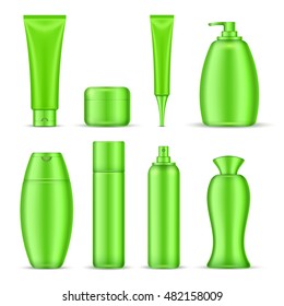 Cosmetics package icon set green color realistic tubes for creams shampoos emulsions vector illustration