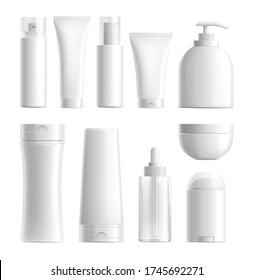 Cosmetics package. Isolated bottle mockup. Realistic blank beauty products plastic glass container. 3d skin care tube cream jar vector set