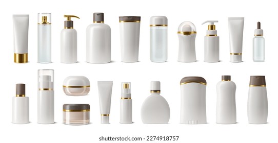 Cosmetics package mockup. Shampoo, skincare lotion or face cream jars, essential oil or perfume bottles with brown and golden lids. Cosmetics and beauty makeup products realistic vector mockups set