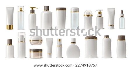 Cosmetics package mockup. Shampoo, skincare lotion or face cream jars, essential oil or perfume bottles with brown and golden lids. Cosmetics and beauty makeup products realistic vector mockups set
