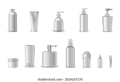 Cosmetics package realistic set with isolated images of mockup containers with spraying caps dispensers vector illustration