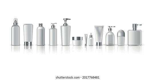 Cosmetics package realistic set with isolated icons of plastic containers for sprays lotions creams vector illustration